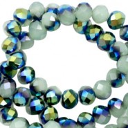 Faceted glass beads 4x3mm rondelle Greenish grey-half blue gold pearl shine coating