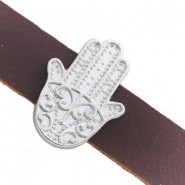 Metalen schuifkraal Hamsa hand voor 10mm leer/koord Antiek zilver