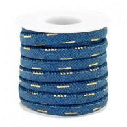 Trendy gestikt koord denim 6x4mm Midnight blue-gold