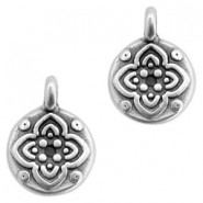 DQ metal charm round with Flower 10x7mm Antique Silver